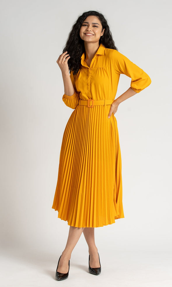 Accordion Pleated Belted Shirt Midi Dress