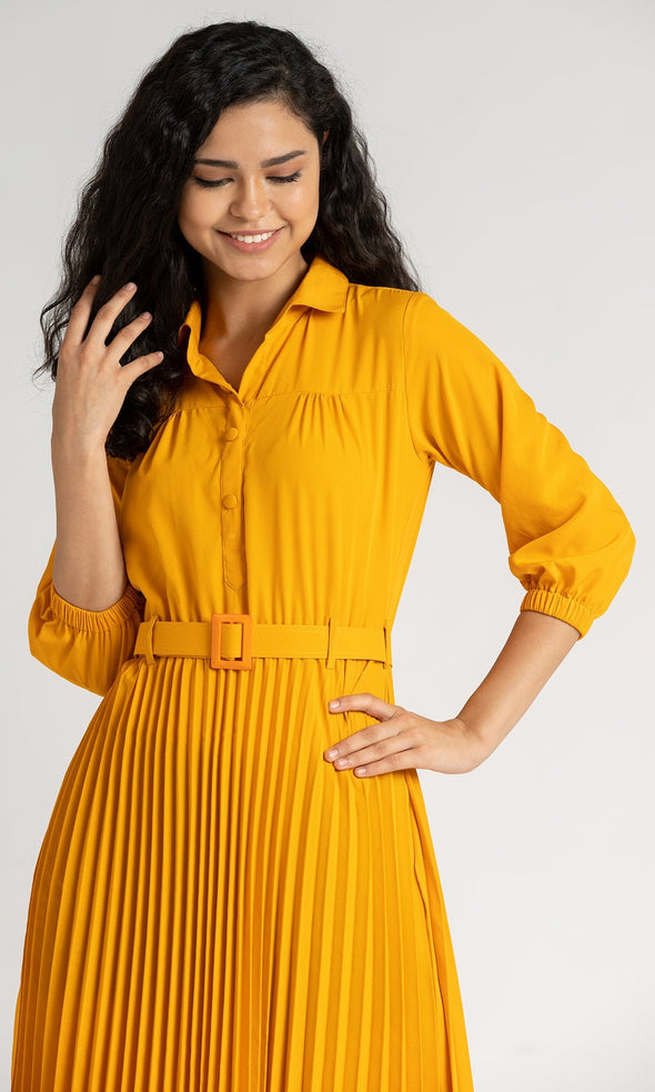 Accordion Pleated Belted Shirt Midi Dress