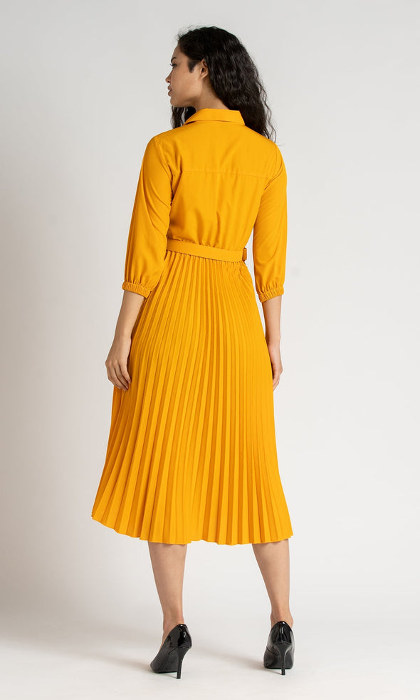 Accordion Pleated Belted Shirt Midi Dress
