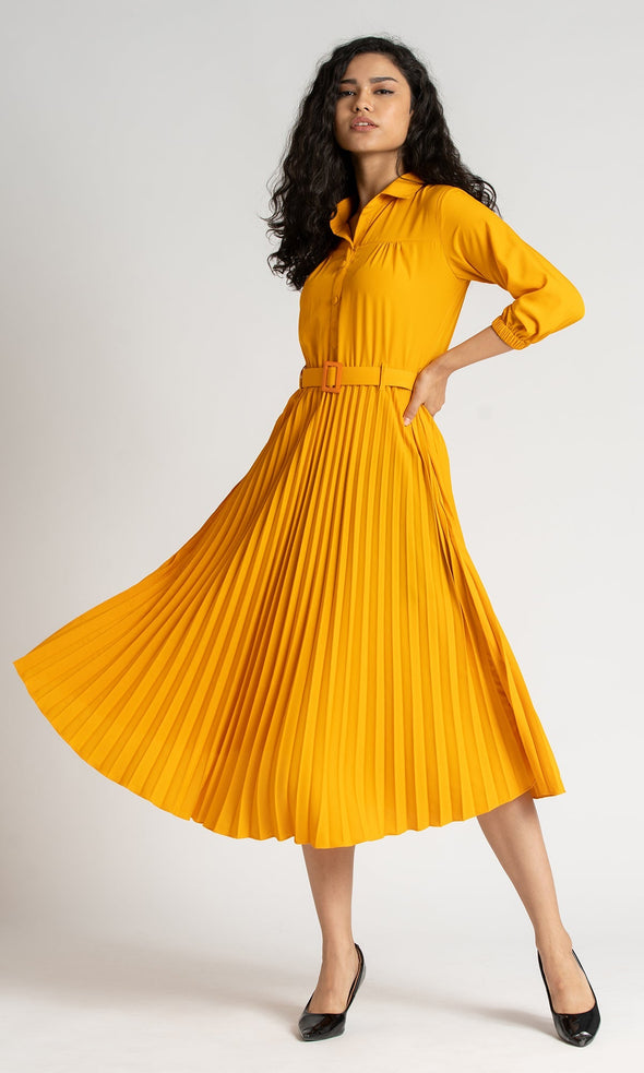Accordion Pleated Belted Shirt Midi Dress