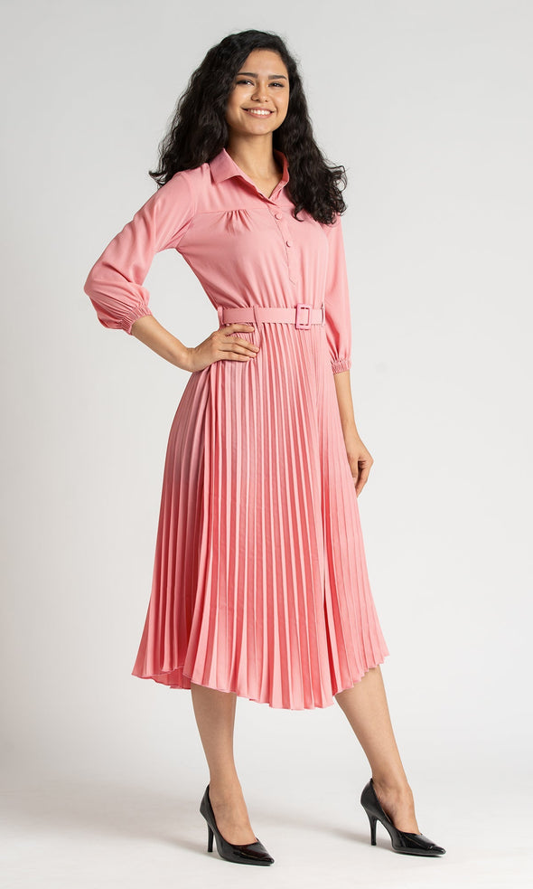 Accordion Pleated Belted Shirt Midi Dress
