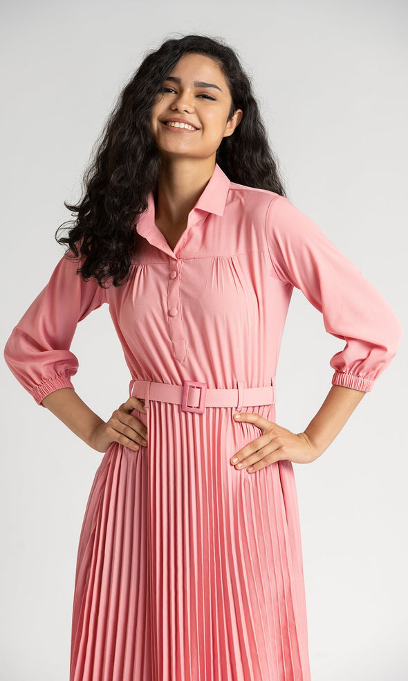 Accordion Pleated Belted Shirt Midi Dress