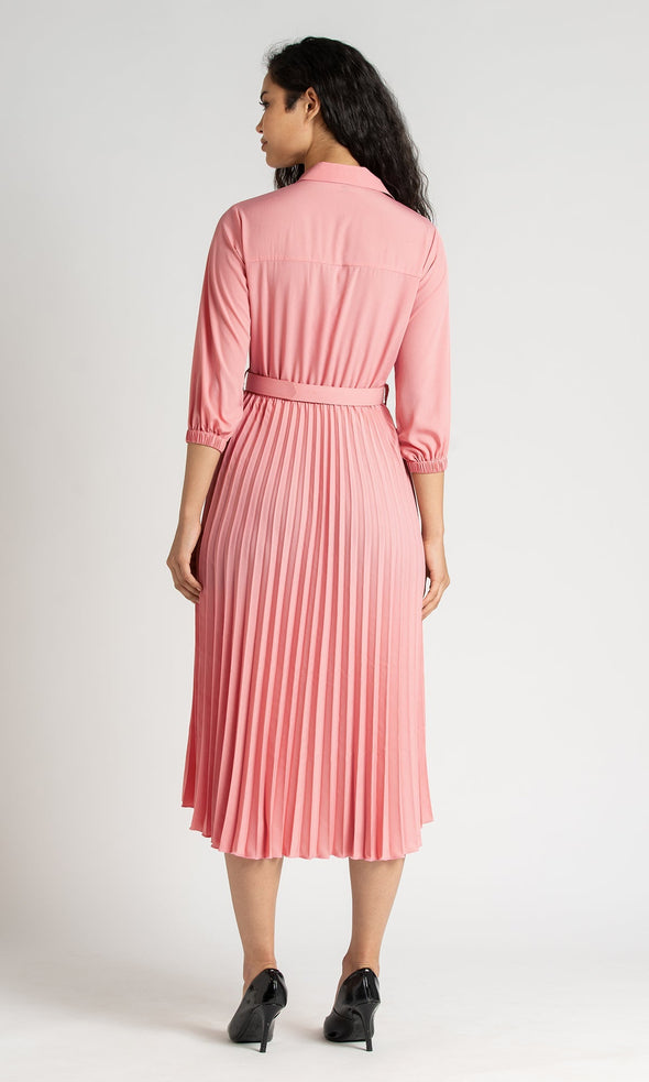 Accordion Pleated Belted Shirt Midi Dress