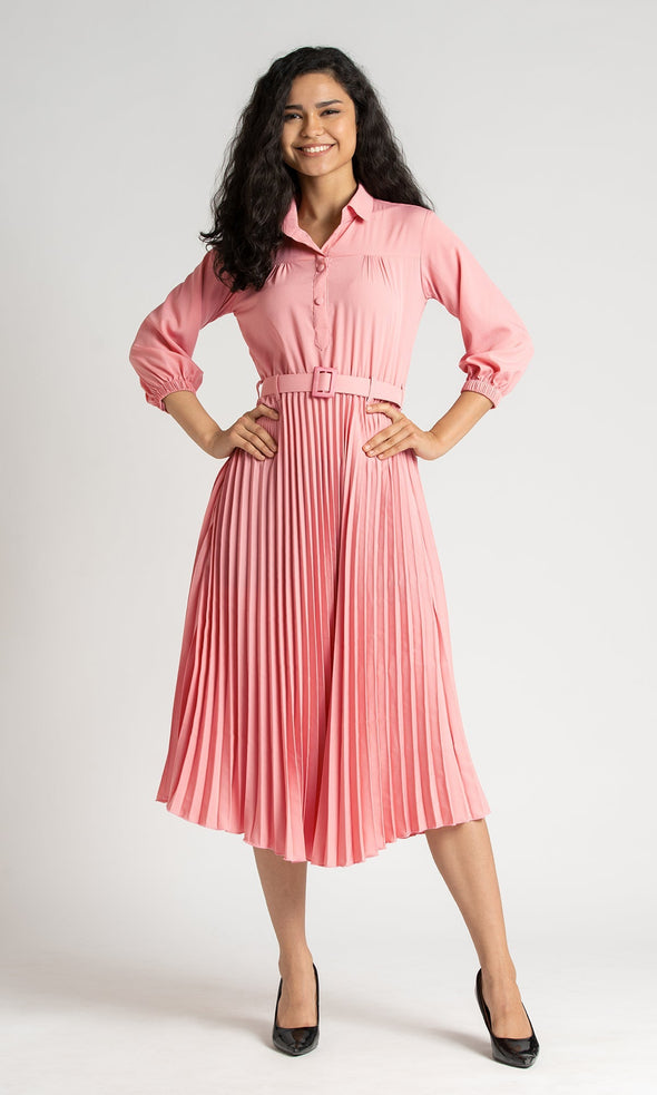 Accordion Pleated Belted Shirt Midi Dress