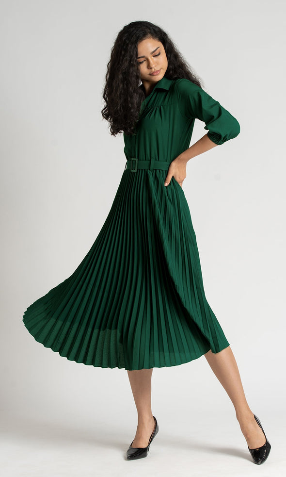 Accordion Pleated Belted Shirt Midi Dress