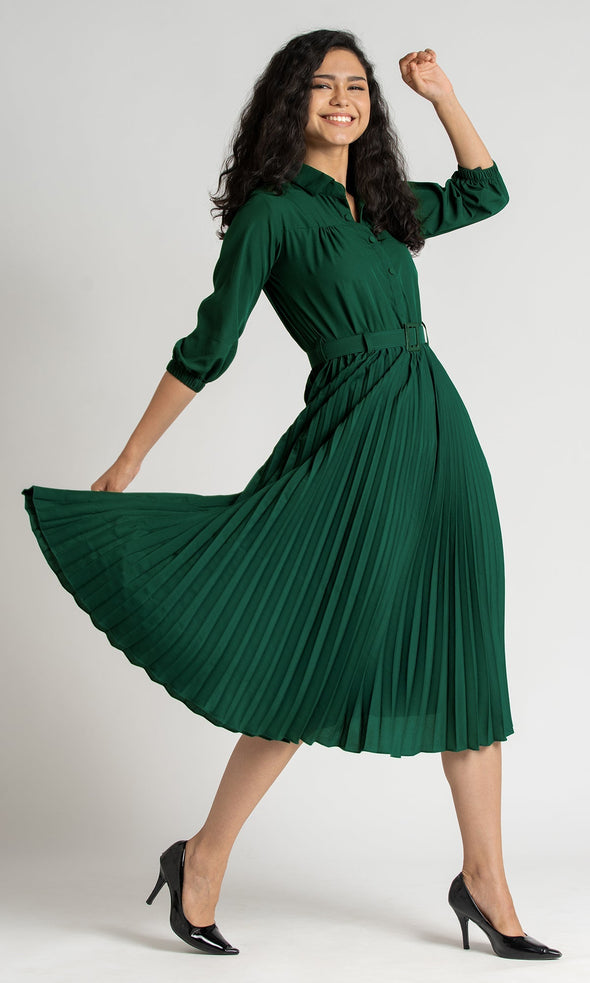 Accordion Pleated Belted Shirt Midi Dress