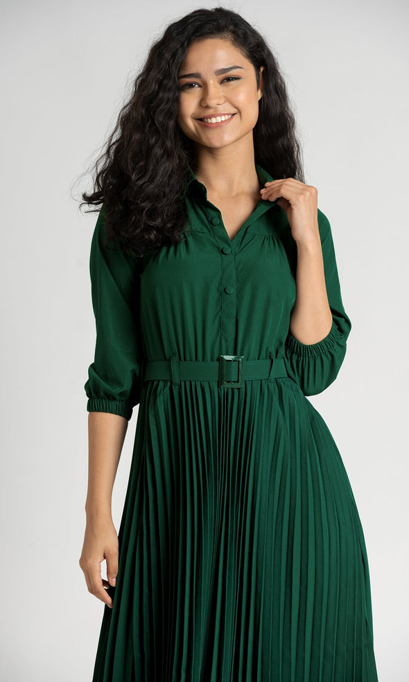 Accordion Pleated Belted Shirt Midi Dress