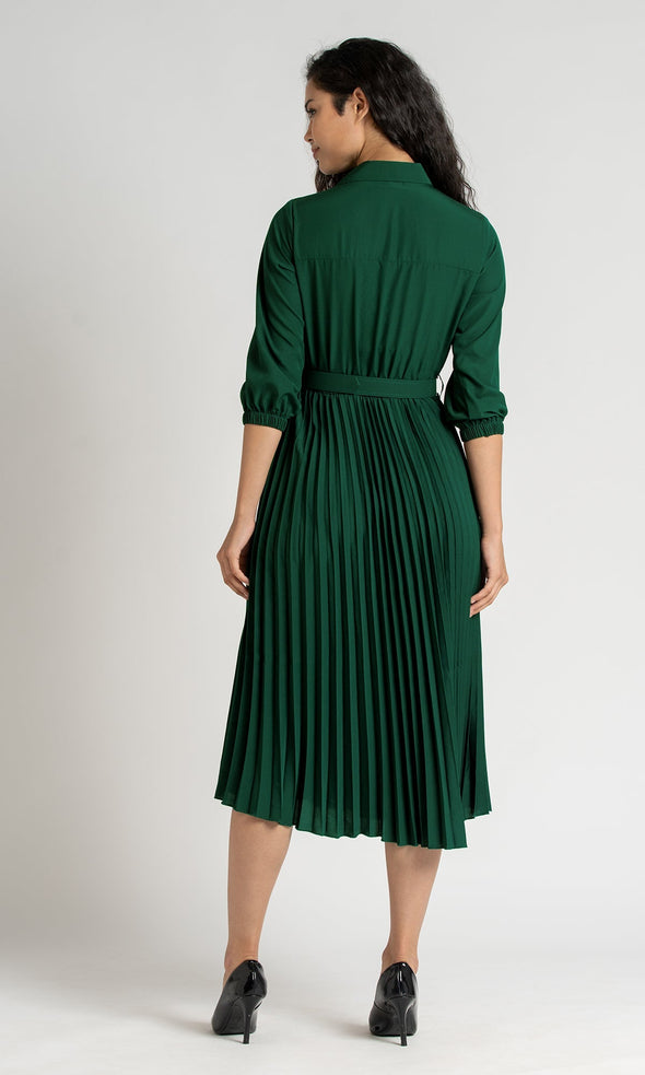 Accordion Pleated Belted Shirt Midi Dress