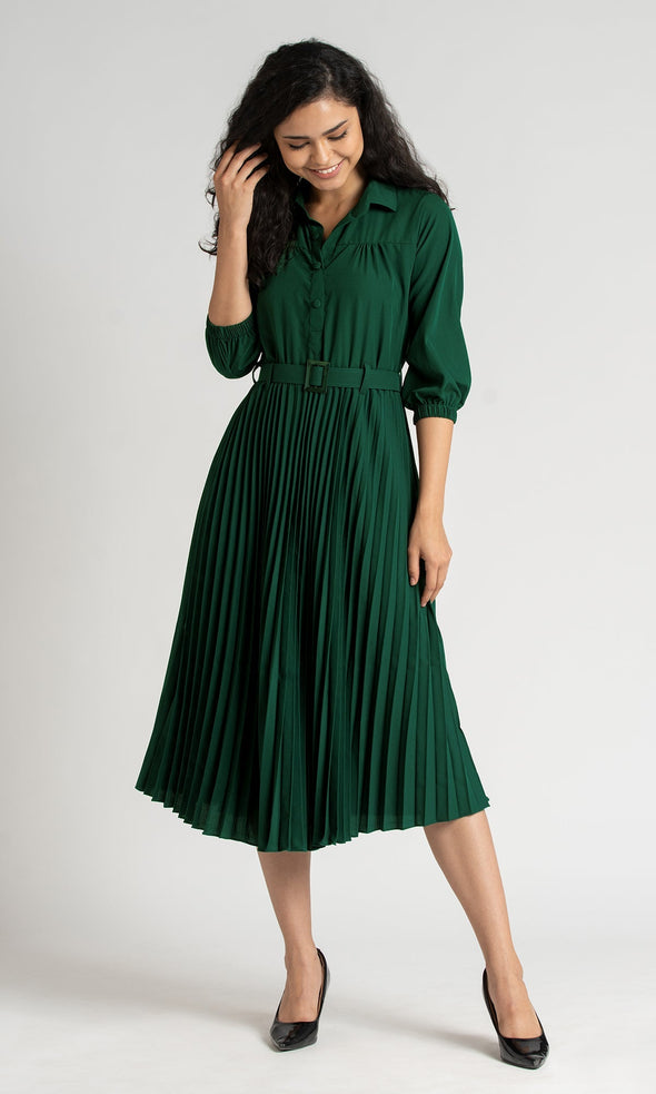 Accordion Pleated Belted Shirt Midi Dress