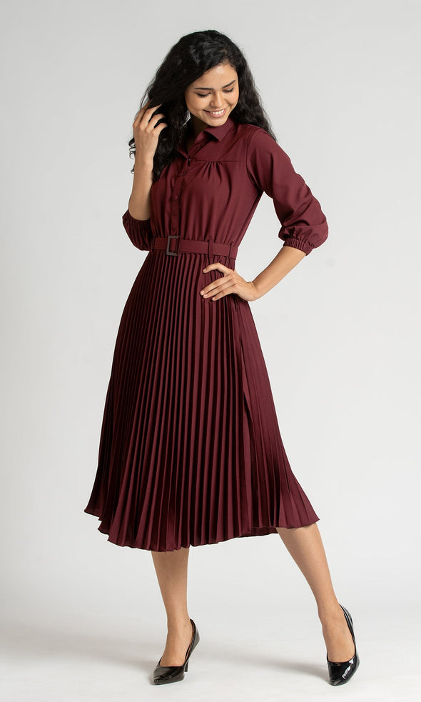Accordion Pleated Belted Shirt Midi Dress