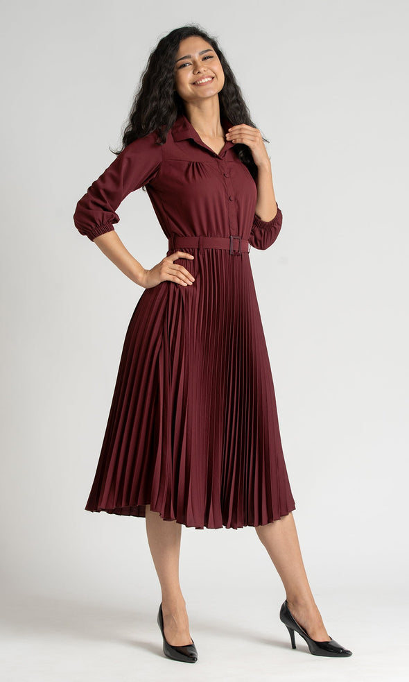Accordion Pleated Belted Shirt Midi Dress