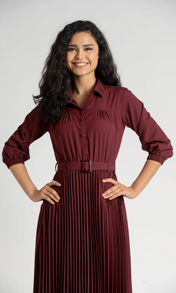 Accordion Pleated Belted Shirt Midi Dress
