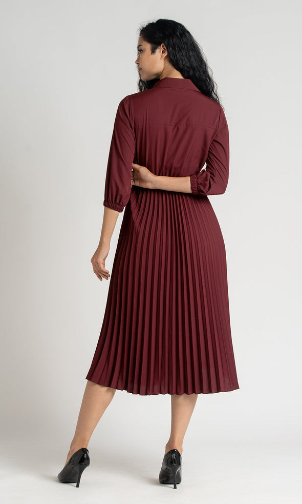Accordion Pleated Belted Shirt Midi Dress