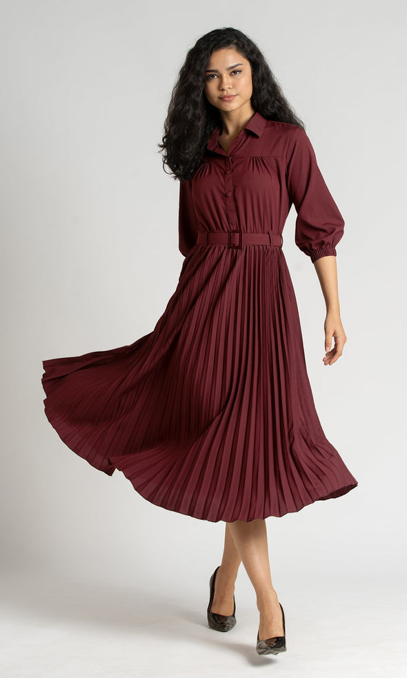 Accordion Pleated Belted Shirt Midi Dress