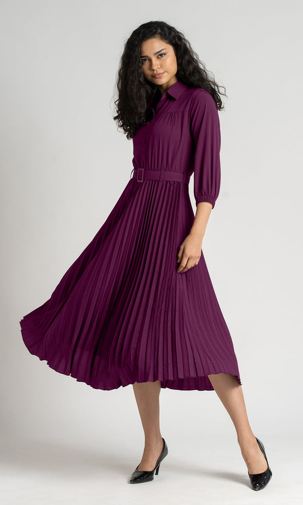 Accordion Pleated Belted Shirt Midi Dress