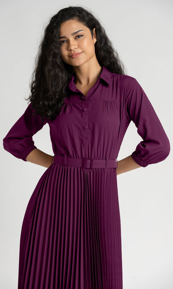 Accordion Pleated Belted Shirt Midi Dress