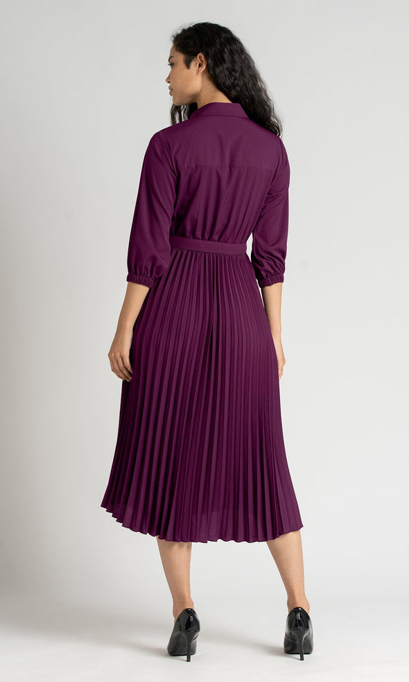 Accordion Pleated Belted Shirt Midi Dress