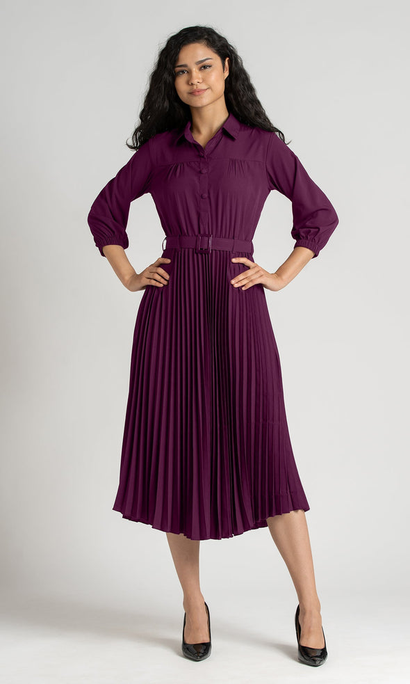 Accordion Pleated Belted Shirt Midi Dress