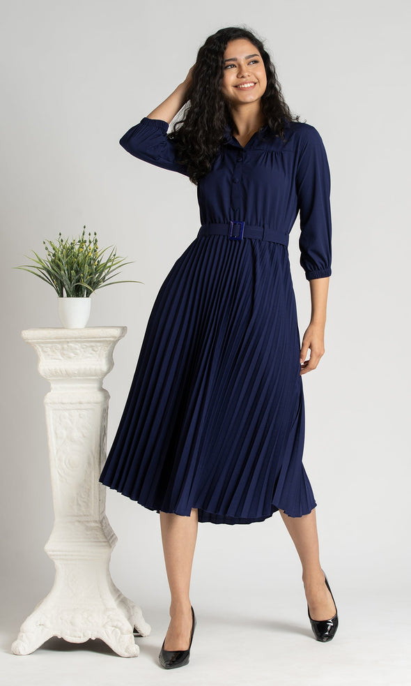Accordion Pleated Belted Shirt Midi Dress
