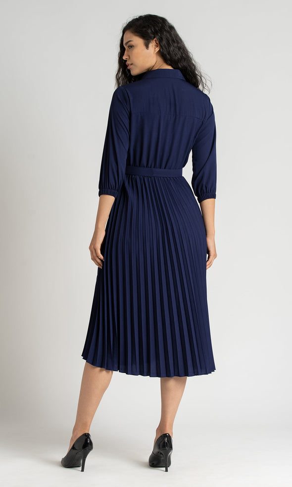 Accordion Pleated Belted Shirt Midi Dress