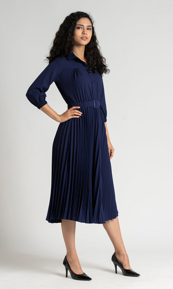 Accordion Pleated Belted Shirt Midi Dress