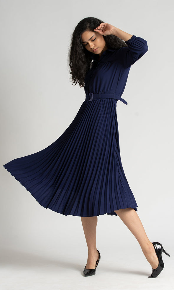 Accordion Pleated Belted Shirt Midi Dress