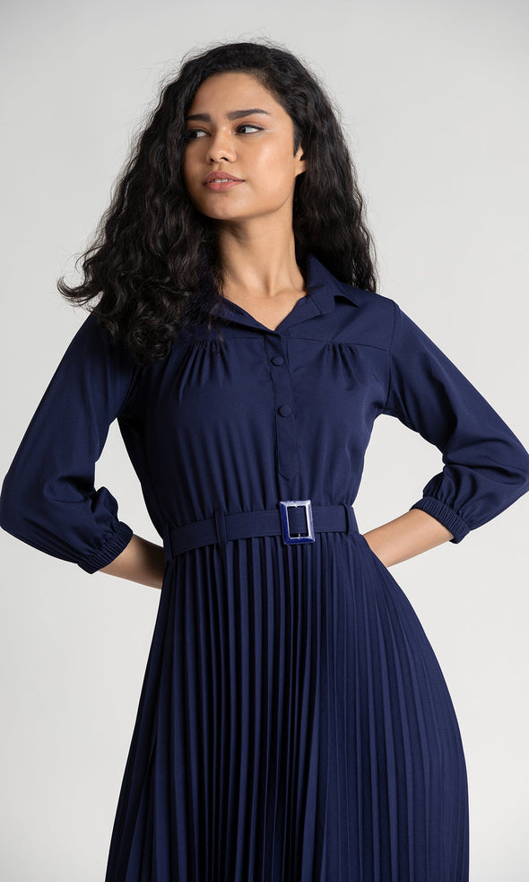 Accordion Pleated Belted Shirt Midi Dress