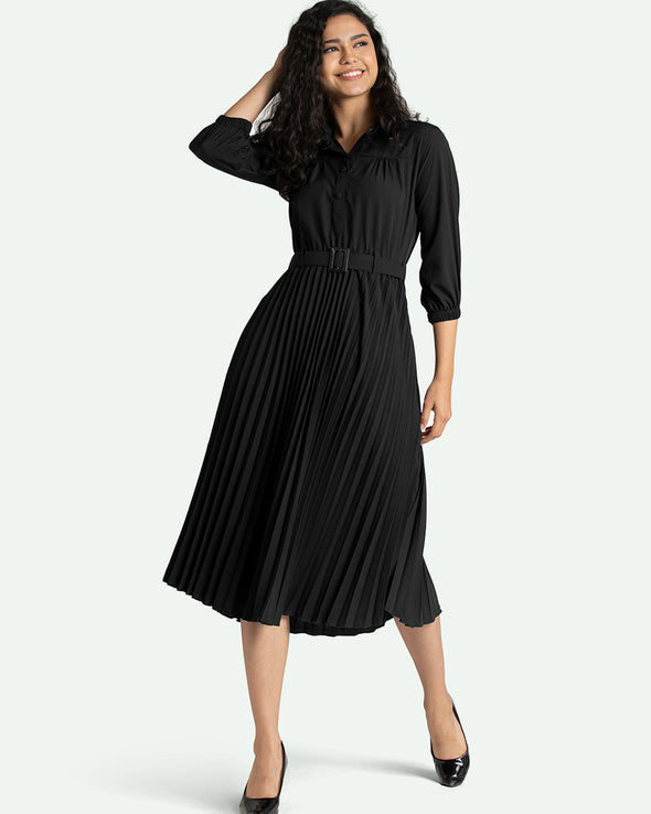 Accordion Pleated Belted Shirt Midi Dress