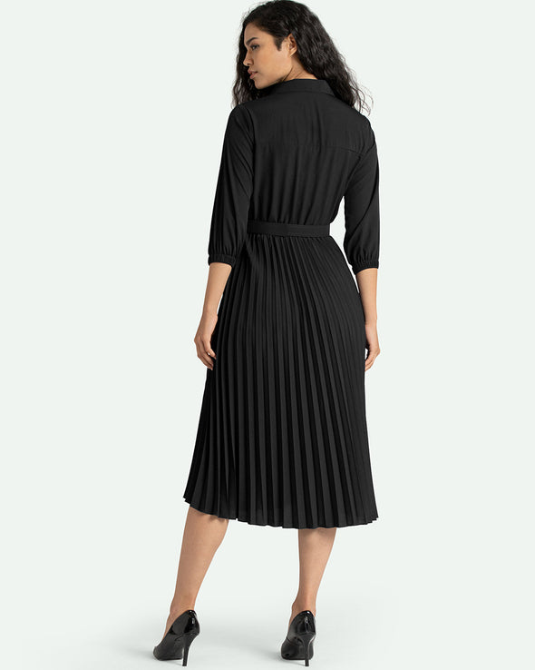 Accordion Pleated Belted Shirt Midi Dress