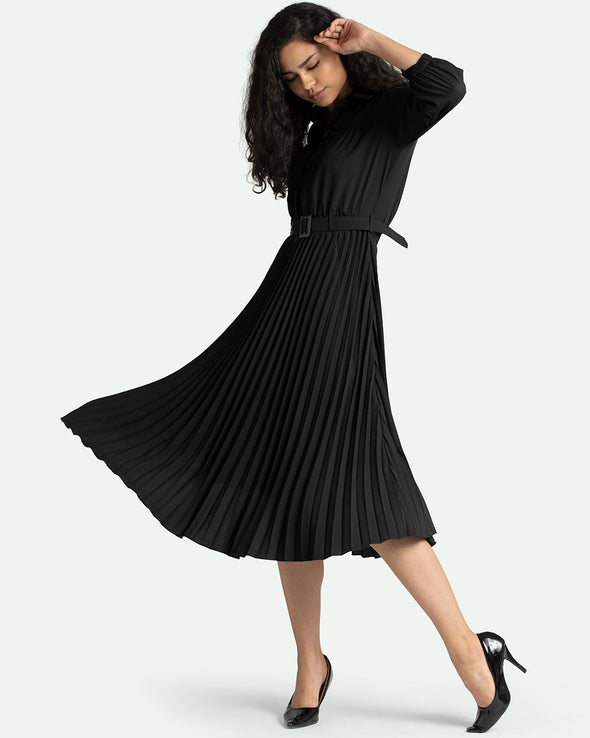 Accordion Pleated Belted Shirt Midi Dress
