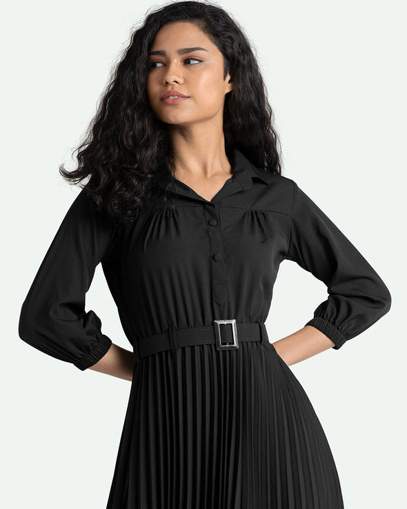 Accordion Pleated Belted Shirt Midi Dress