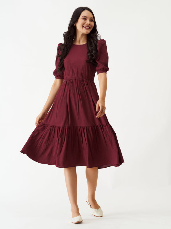 Puff Sleeve Crepe Fit  Flare Midi Dress