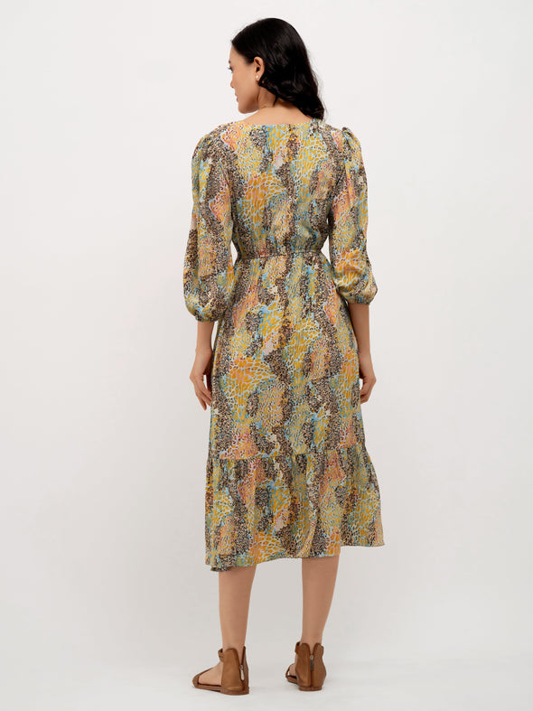 Animal Printed Puff Sleeve Fit  Flare Dress