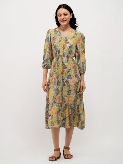 Animal Printed Puff Sleeve Fit  Flare Dress