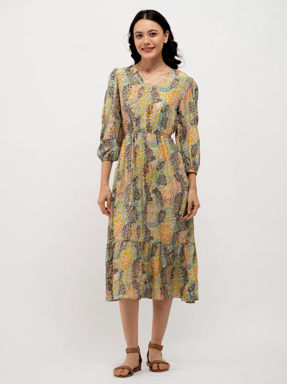 Animal Printed Puff Sleeve Fit  Flare Dress