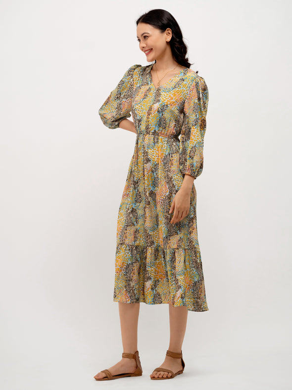 Animal Printed Puff Sleeve Fit  Flare Dress