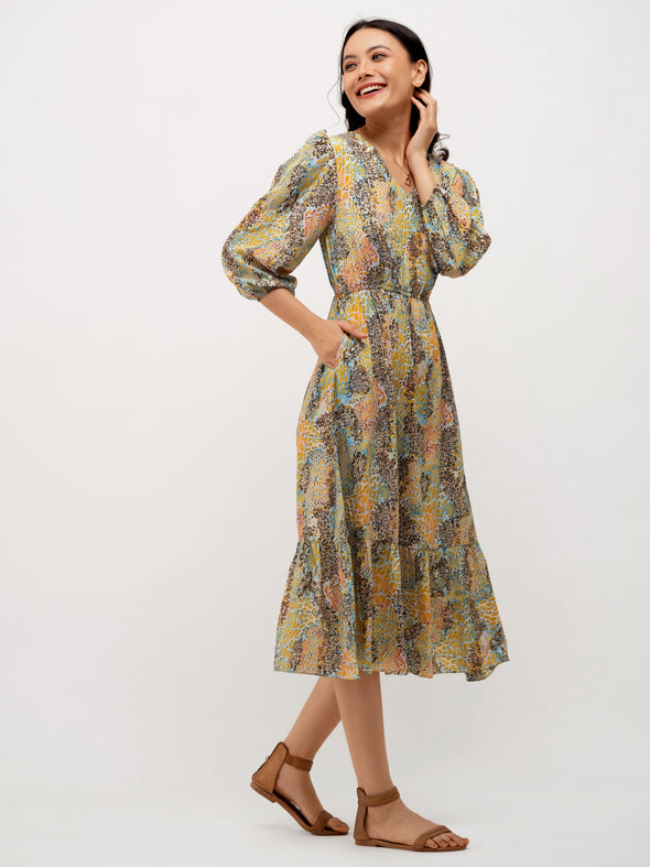 Animal Printed Puff Sleeve Fit  Flare Dress