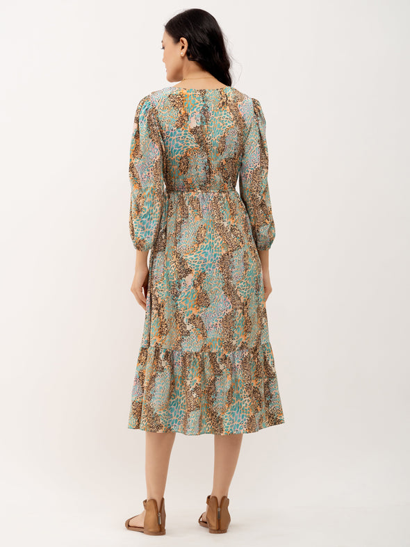 Animal Printed Puff Sleeve Fit  Flare Dress