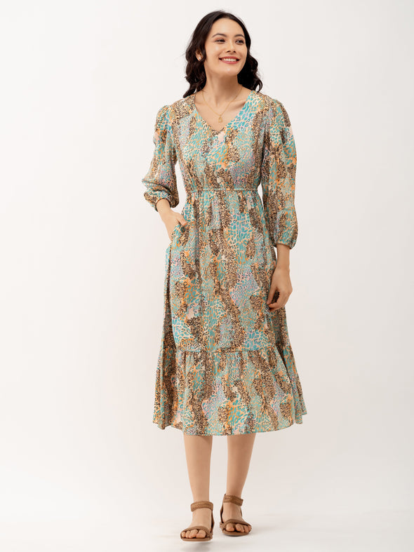 Animal Printed Puff Sleeve Fit  Flare Dress