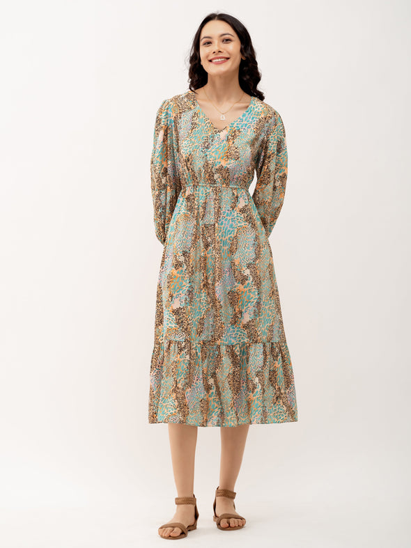 Animal Printed Puff Sleeve Fit  Flare Dress