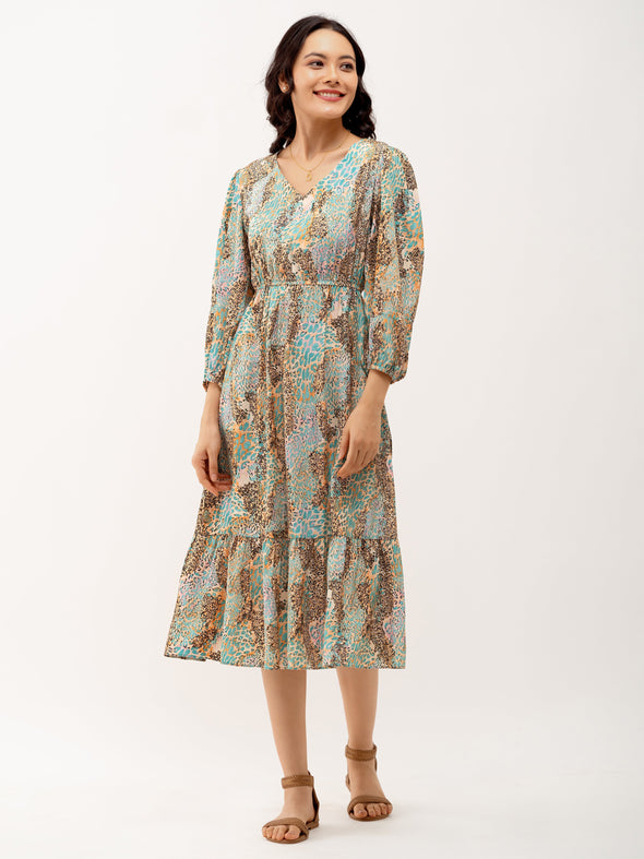 Animal Printed Puff Sleeve Fit  Flare Dress