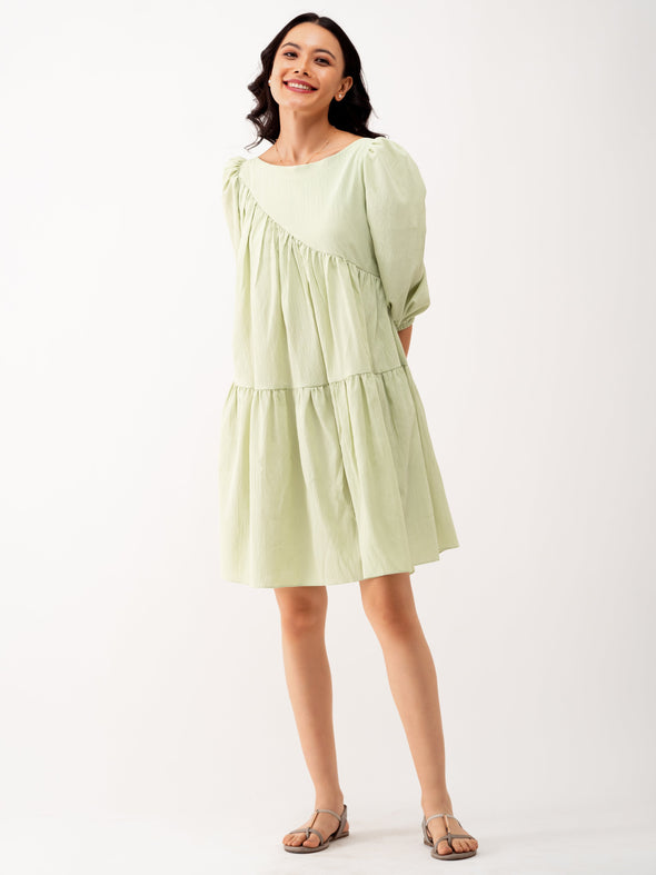 Boat Neck Puff Sleeves A-Line Dress