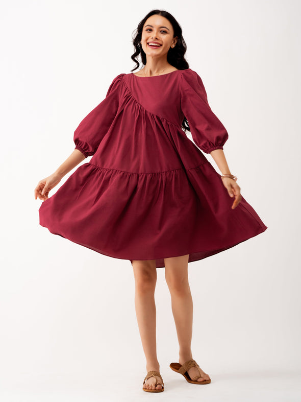Boat Neck Puff Sleeves A-Line Dress