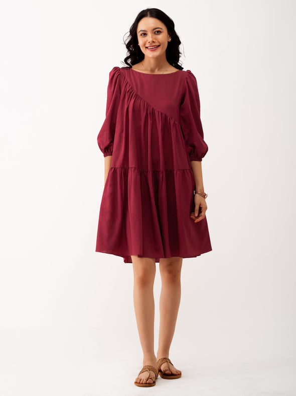 Boat Neck Puff Sleeves A-Line Dress