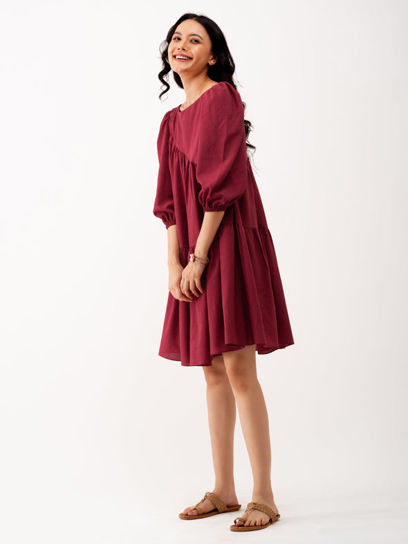 Boat Neck Puff Sleeves A-Line Dress