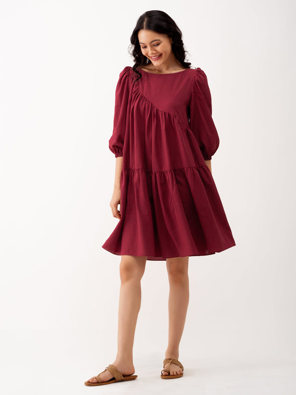 Boat Neck Puff Sleeves A-Line Dress
