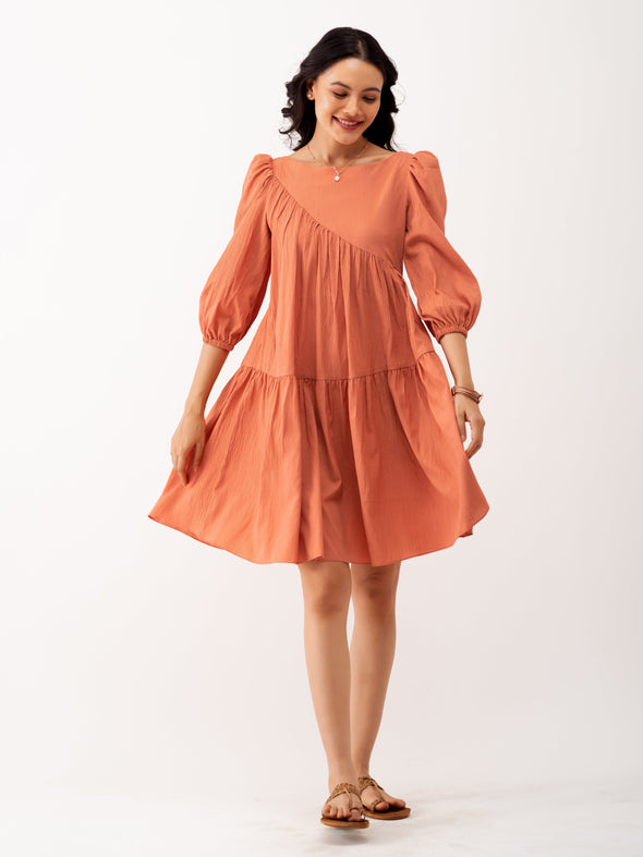 Boat Neck Puff Sleeves A-Line Dress