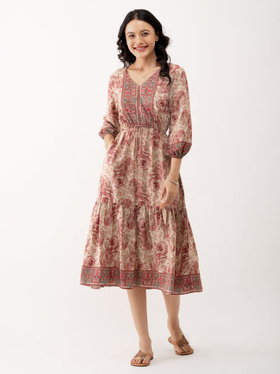 Ethnic Motifs Printed Tiered Gather Detailed Fit  Flare Dress