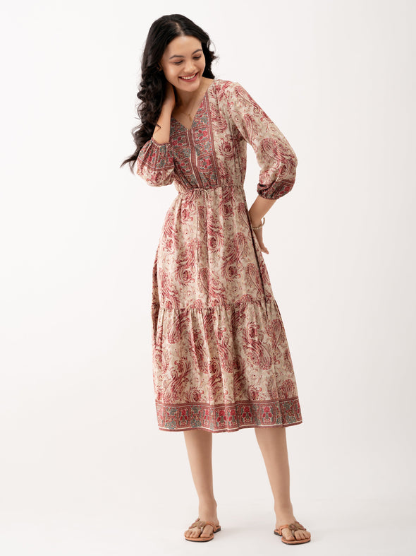 Ethnic Motifs Printed Tiered Gather Detailed Fit  Flare Dress