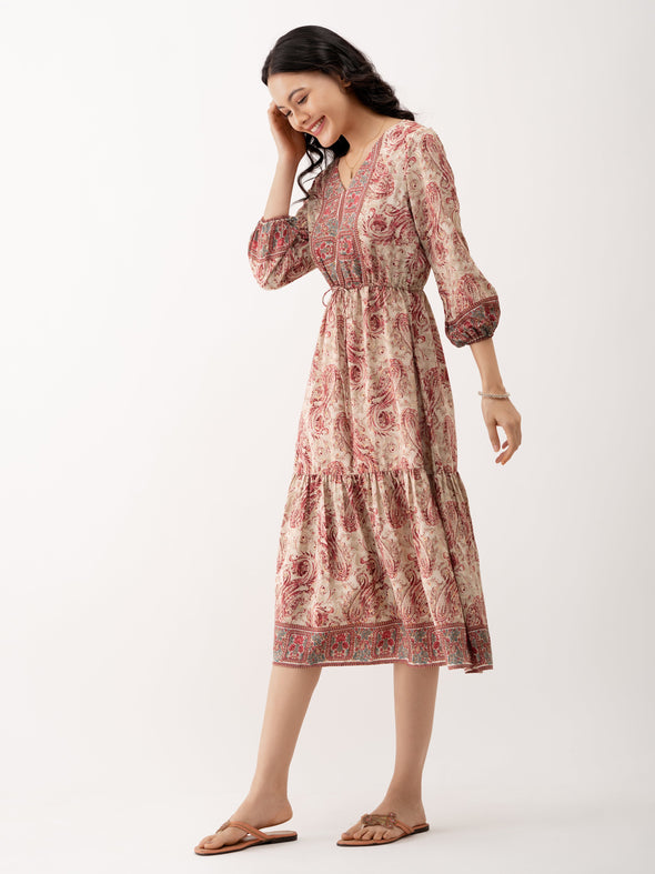 Ethnic Motifs Printed Tiered Gather Detailed Fit  Flare Dress